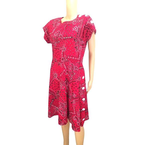 80s Midi Red Kerchief Print Dress Button Short Sleeve Crew Neck VINTAGE Size XL - Picture 2 of 8